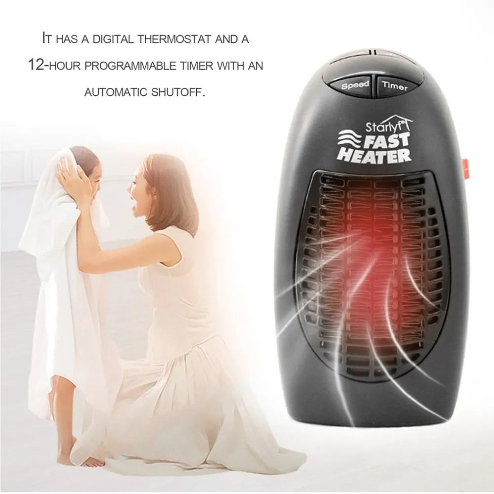 Black compact ceramic electric heater with digital display and rotating plug on a desk.