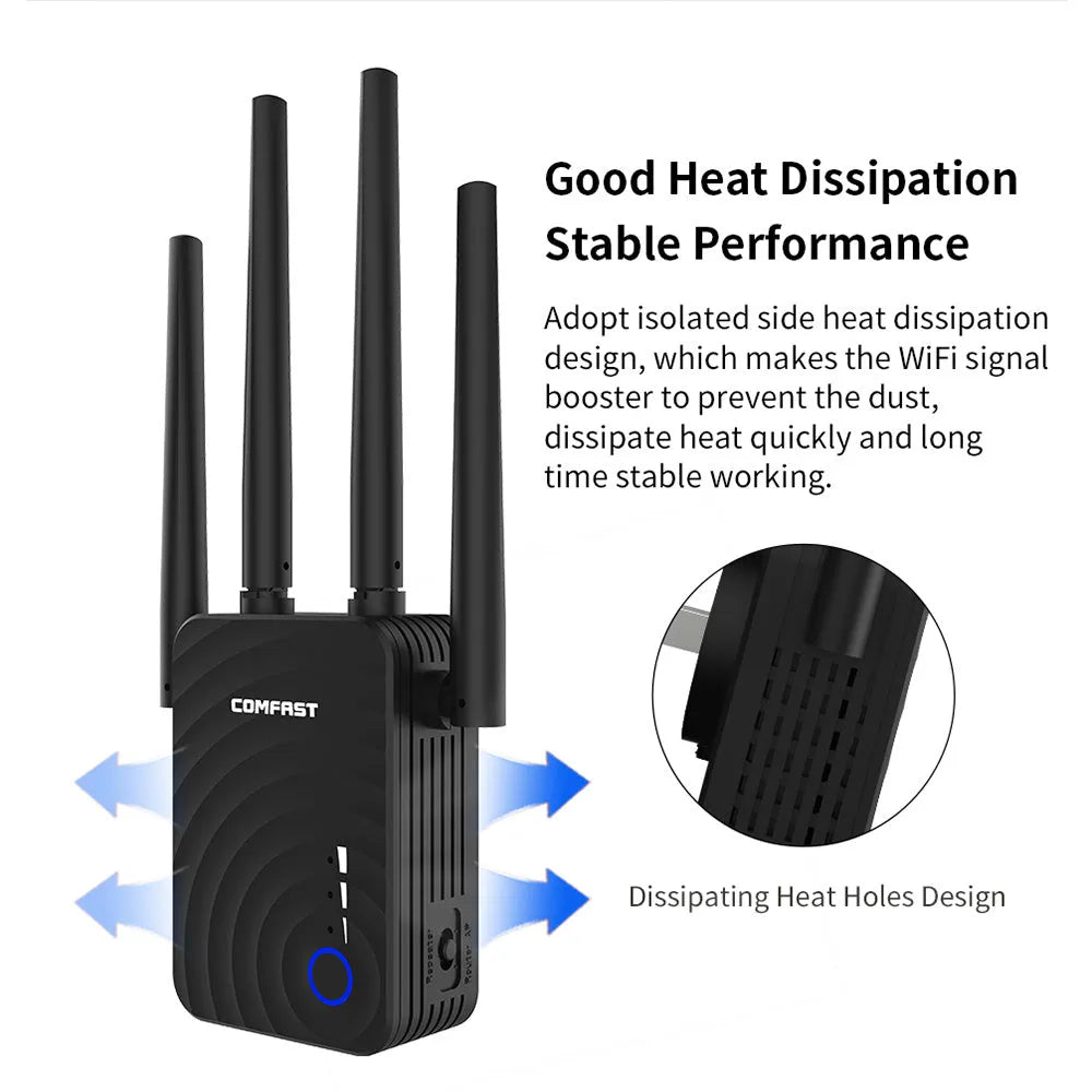 AC1200 dual band WiFi range extender with four antennas and four Ethernet ports in black colour