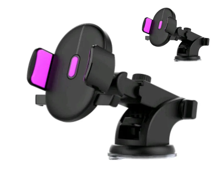 Yellow and black telescopic car phone holder with suction cup mounted on a dashboard.