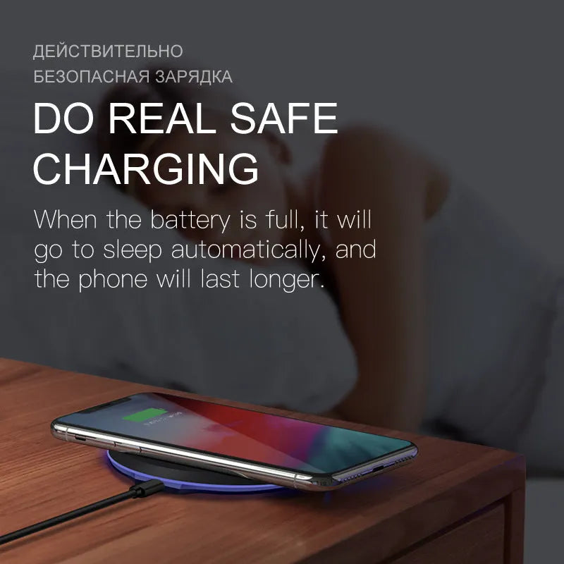 10W 5W fast wireless phone charger black round charging pad 100x8mm ABS PC material
