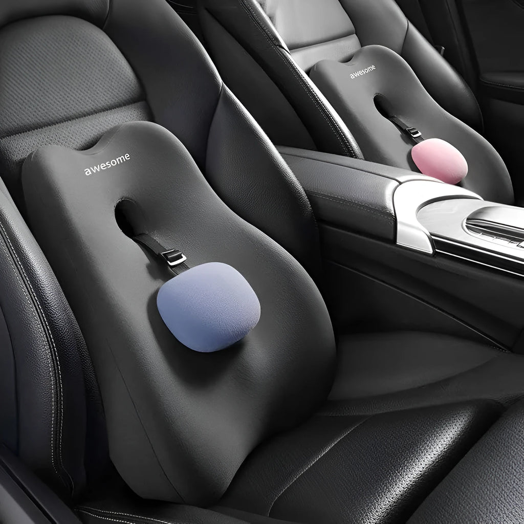 Car lumbar support pillow with memory foam filler in imitation brocade cotton fabric, shown in a grey colour variant.