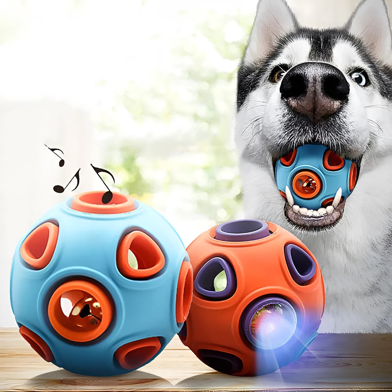 Luminous sounding dog toy ball in rubber with blue glow effect, medium size