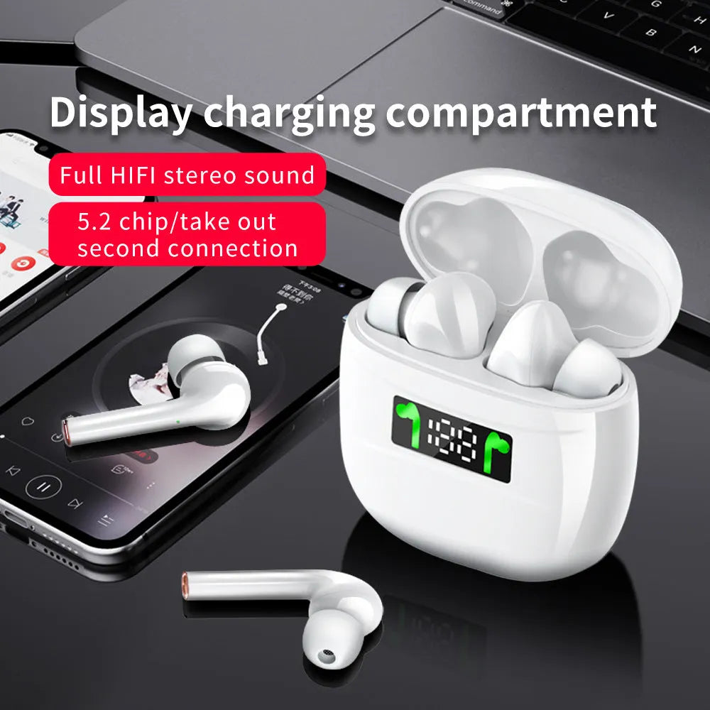 Black Bluetooth headset sports earbuds with earplug style and power display on charging case