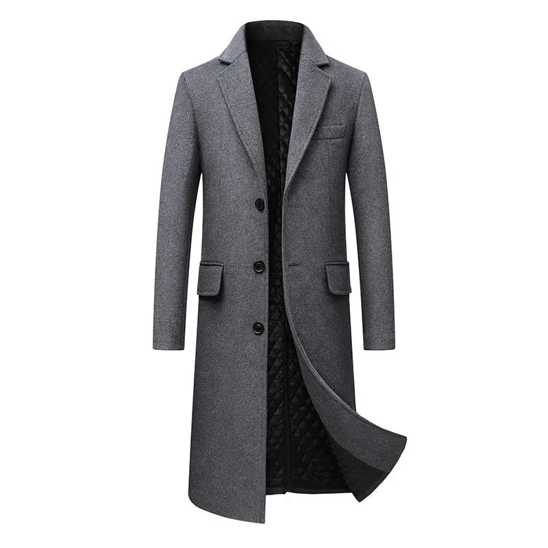 Men's plus size long coat with lapel collar in black, loose fit polyester outerwear