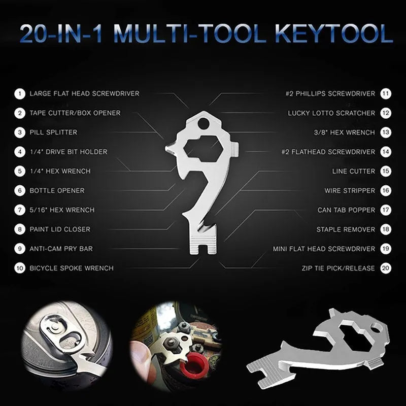 Silver 20-in-1 stainless steel multi tool keyring with screwdrivers, wrench, and bottle opener