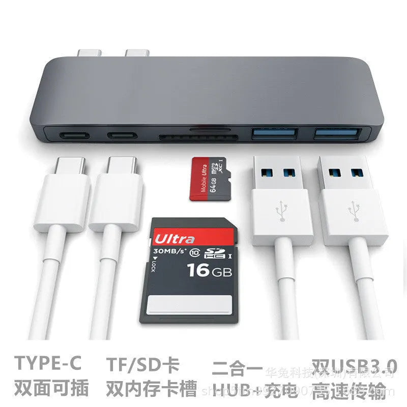USB-C hub 109x33x10mm with dual Type-C, two USB 3.0 ports, SD and Micro SD slots, grey or silver