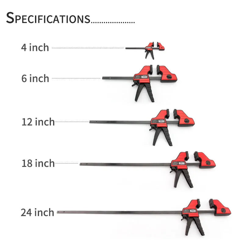 Black plastic woodworking clamp with quick-release trigger and soft rubber protective jaws.