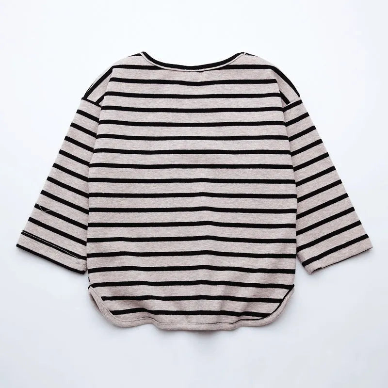 Girls' striped long sleeve t-shirt in red or black, 100% cotton, Asian sizes 80-104cm