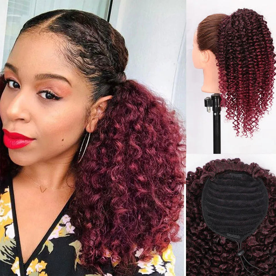 14-inch chemical fibre fluffy ponytail wig in black high temperature wire for women