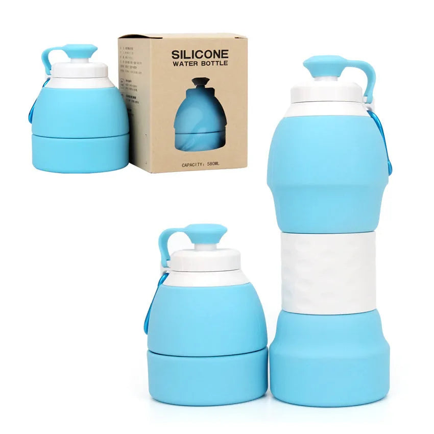 Silicone folding water bottle showing extended and compressed states in blue colour