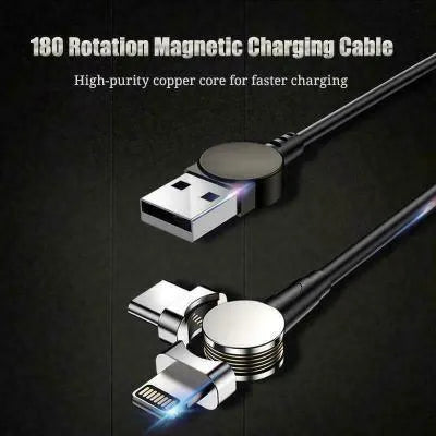 Rotating magnetic three-in-one charging cable with Android Apple Type C heads in 1m length black and red colour options