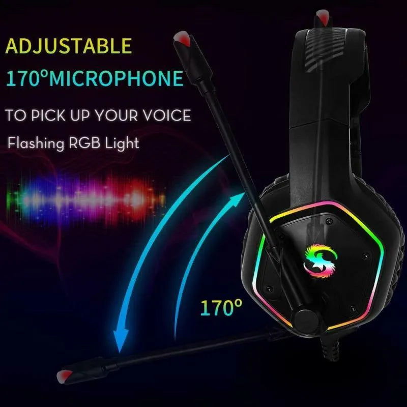 Black RGB gaming headset with soft PU leather earmuffs and 3.5mm USB cable