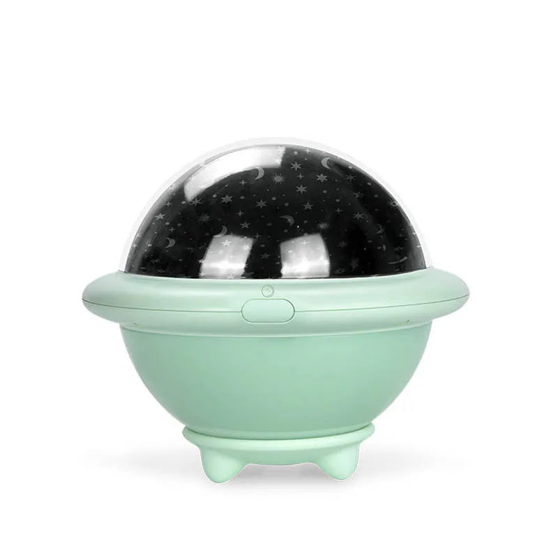 UFO-shaped plastic starry sky projection night light in green, pink or white colour.