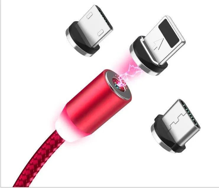 1 metre magnetic LED charging cable with cotton woven cord and three-in-one connector in aluminium shell