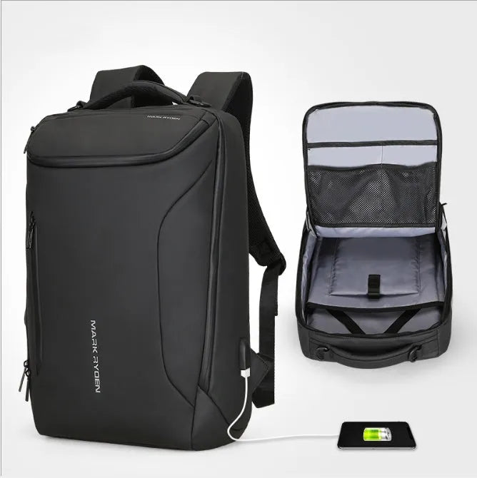 Black Oxford cloth backpack with USB charging port and 108° opening design, 20-35L capacity