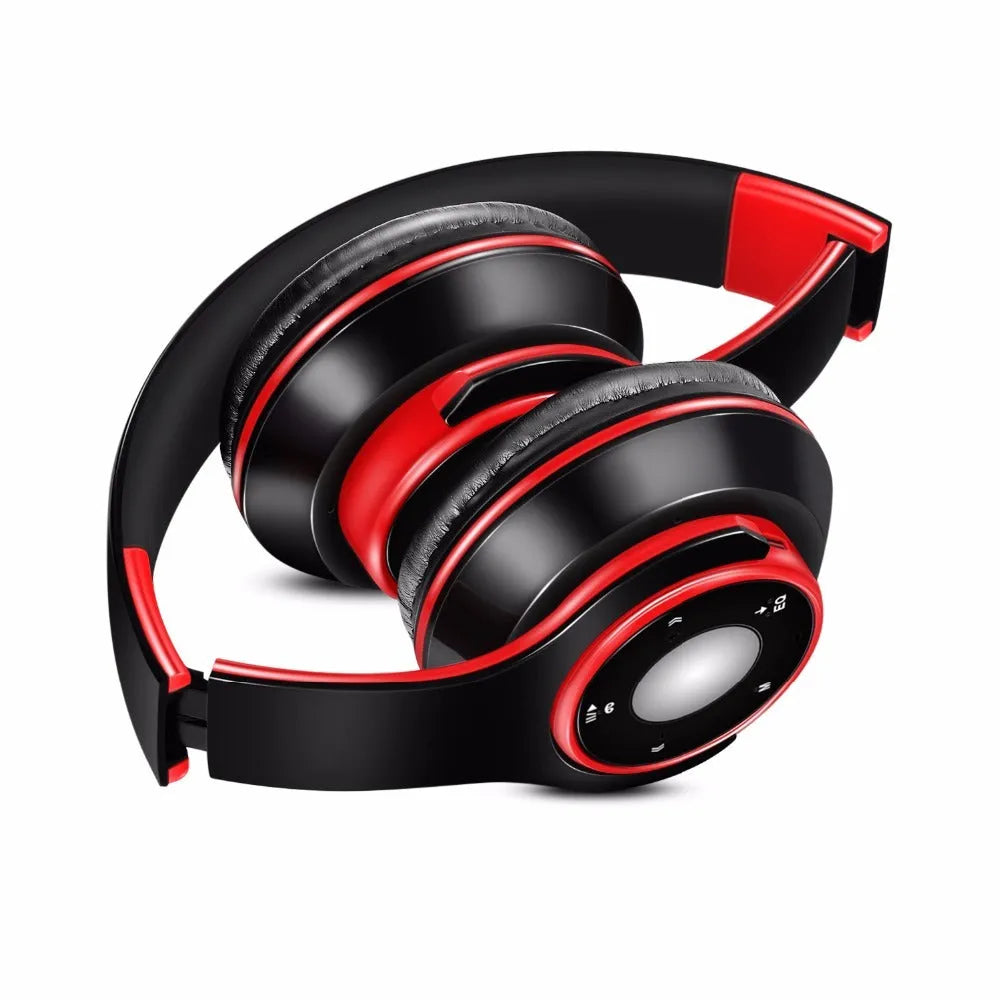 Foldable over-ear wireless Bluetooth headset with adjustable hinges in blue, red, or rose red colours.