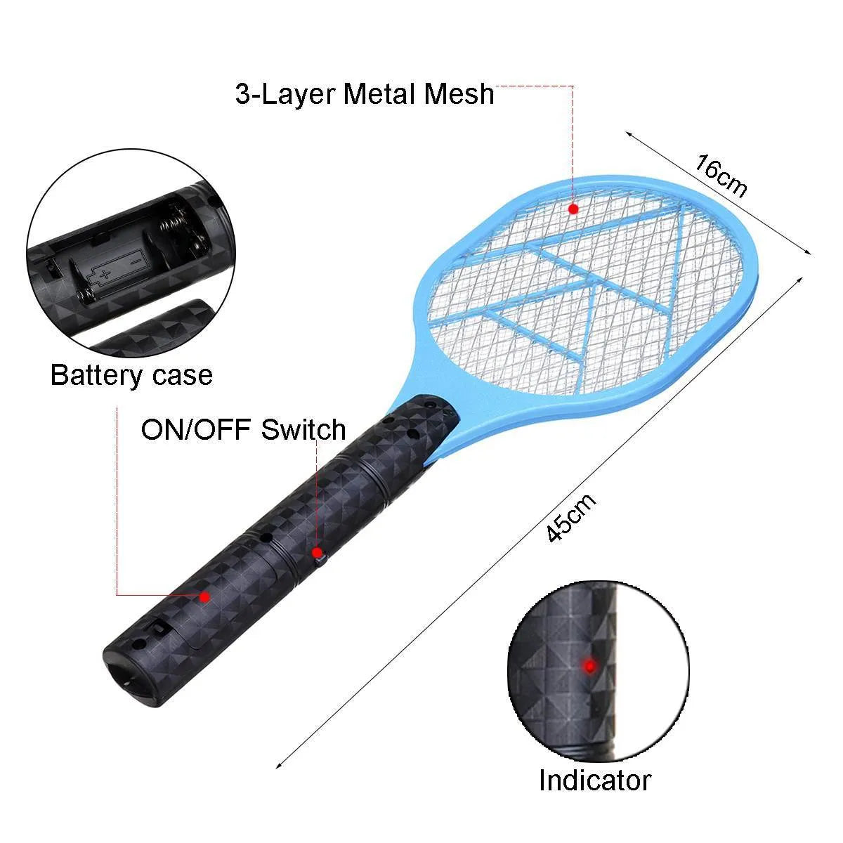 Blue battery-operated electric mosquito swatter with mesh grid, measuring 45cm long.