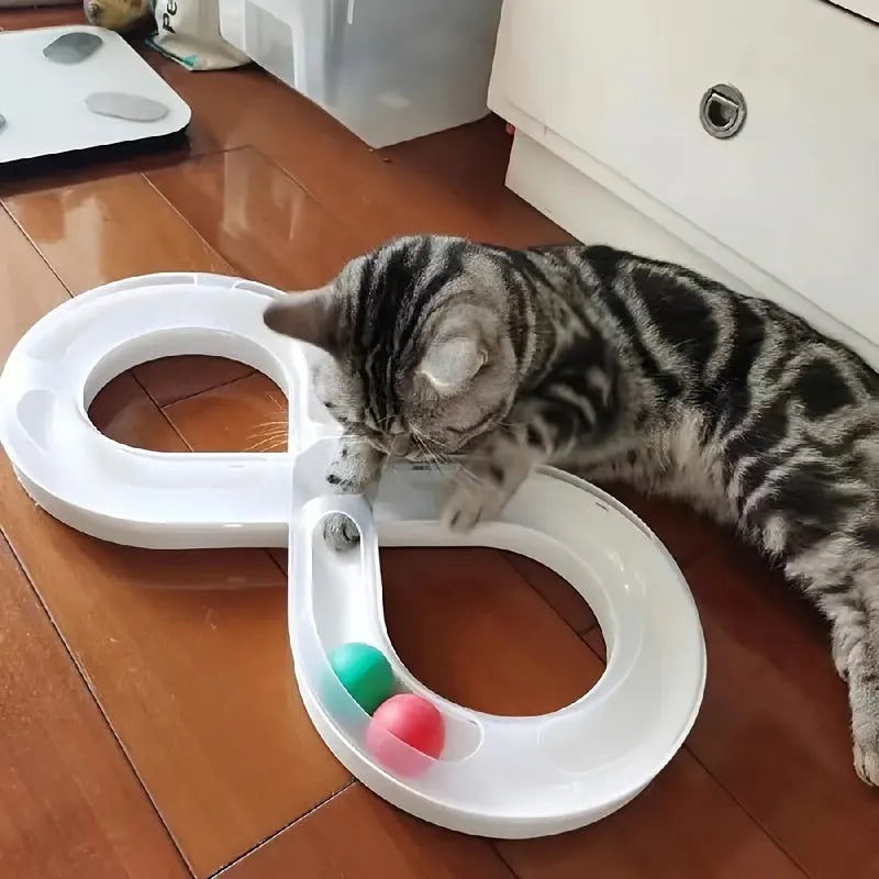 Blue and white cat turntable track toy with ball and teasing stick