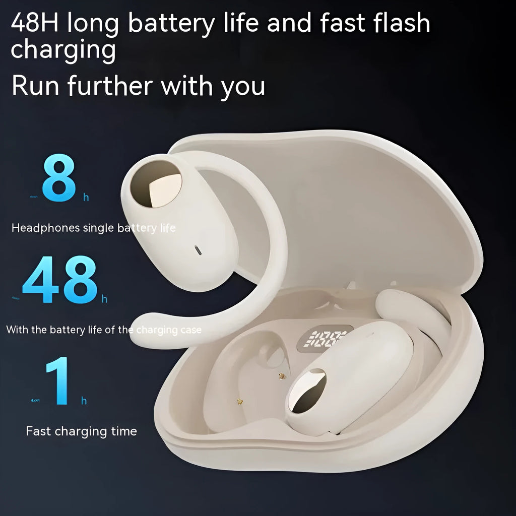 Black wireless bone conduction ear hook headset, open non in-ear sports Bluetooth design with digital display