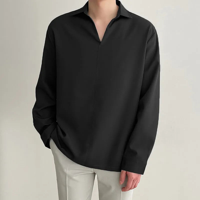 Men's loose lapel casual shirt in a solid colour, shown in a light business style with long sleeves.