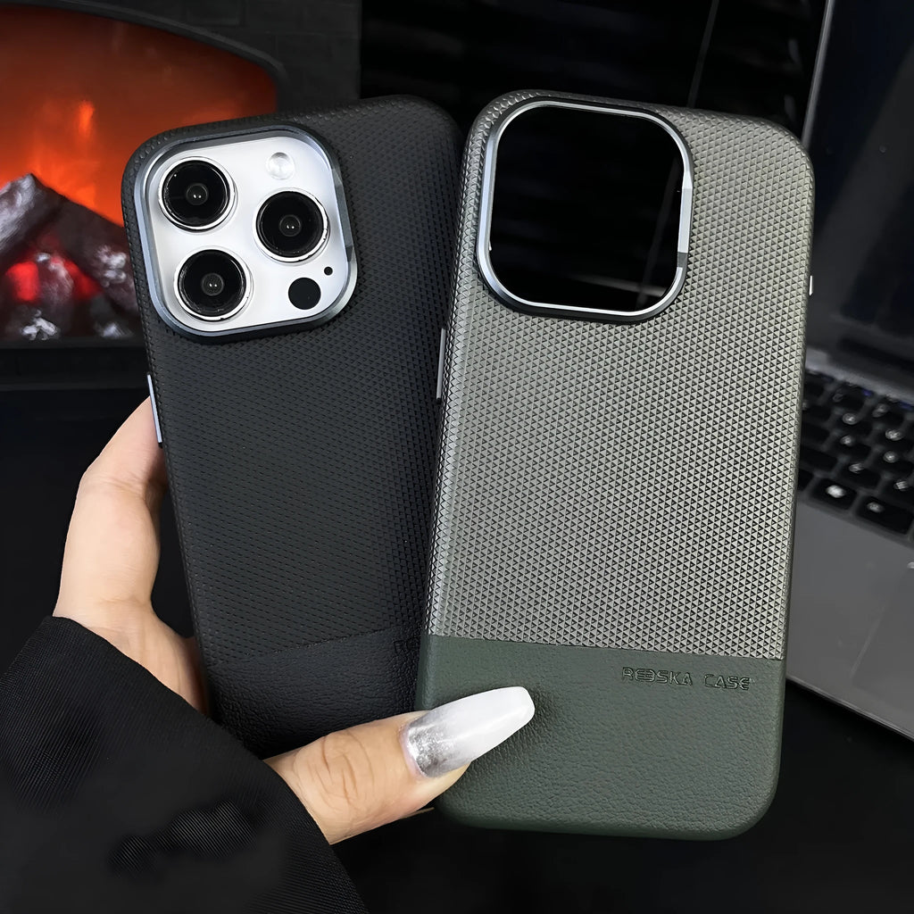 Black magnetic iPhone case with dragon scale texture and leather-style stitching, shown on an iPhone 15 Pro Max.