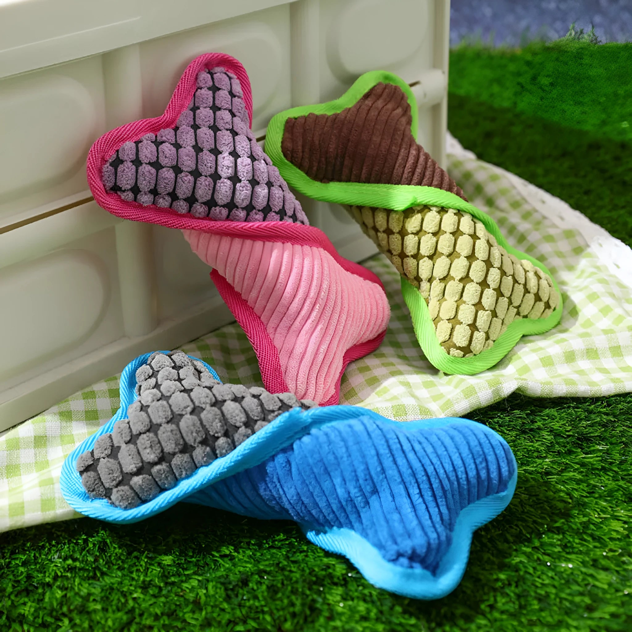 Blue plush teddy dog toy with a squeaker bone design and corn fleece lining.