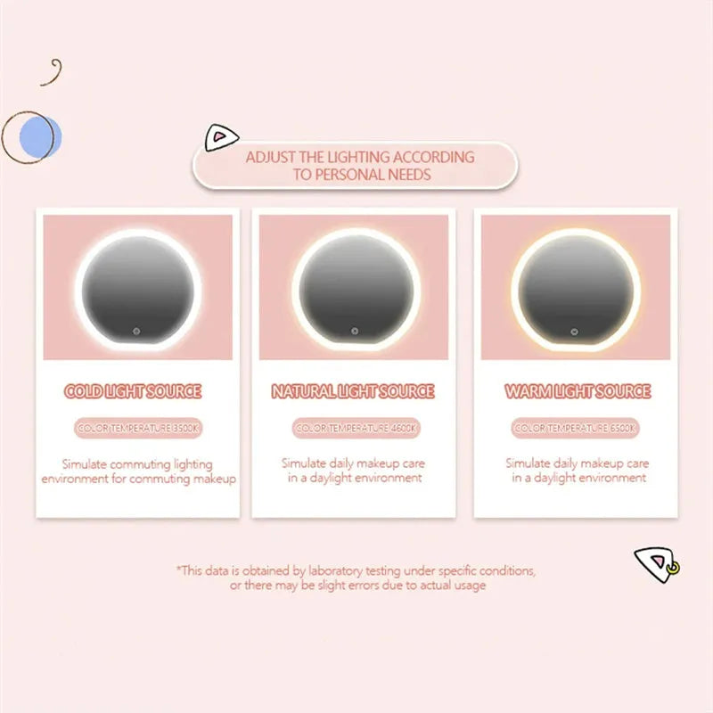Round pink PU leather makeup bag open showing illuminated mirror and internal partitions.