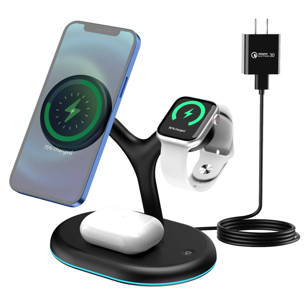 Black three-in-one magnetic wireless charger with iPhone, Apple Watch, and AirPods case placed on charging pads