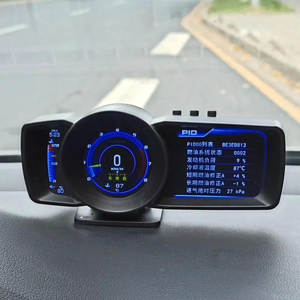 A600 OBDII vehicle monitor computer with TFT screen, connecting cable, and installation tools.