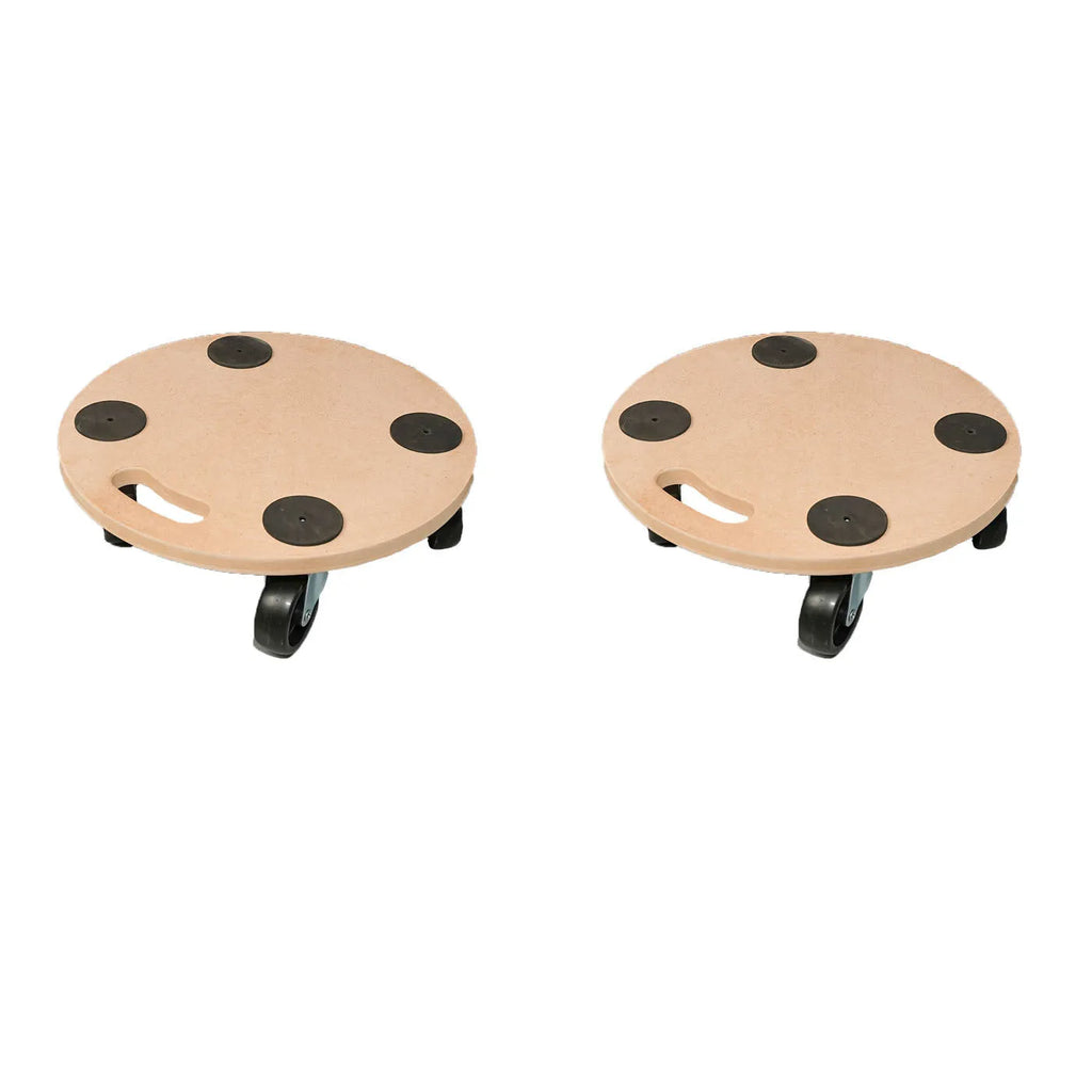 Two natural wood colour mover trolleys with non-slip platforms for tool transport
