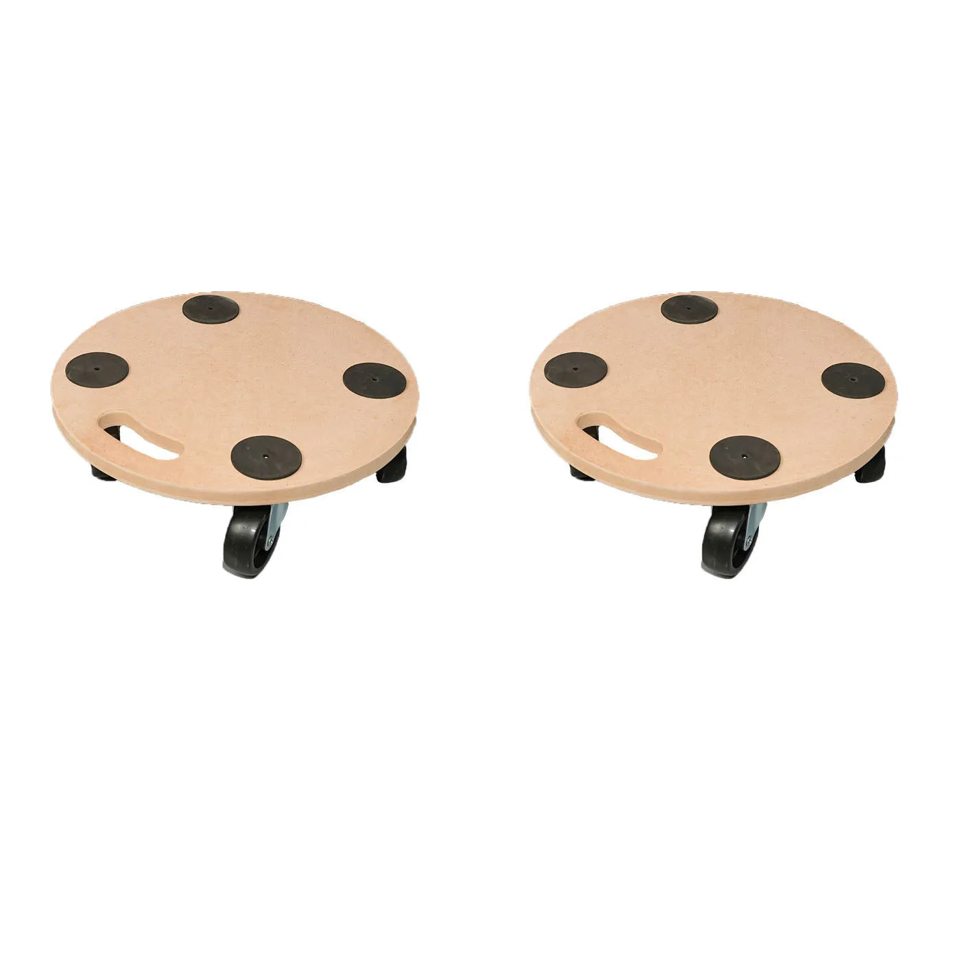 Two natural wood colour mover trolleys with non-slip platforms for tool transport