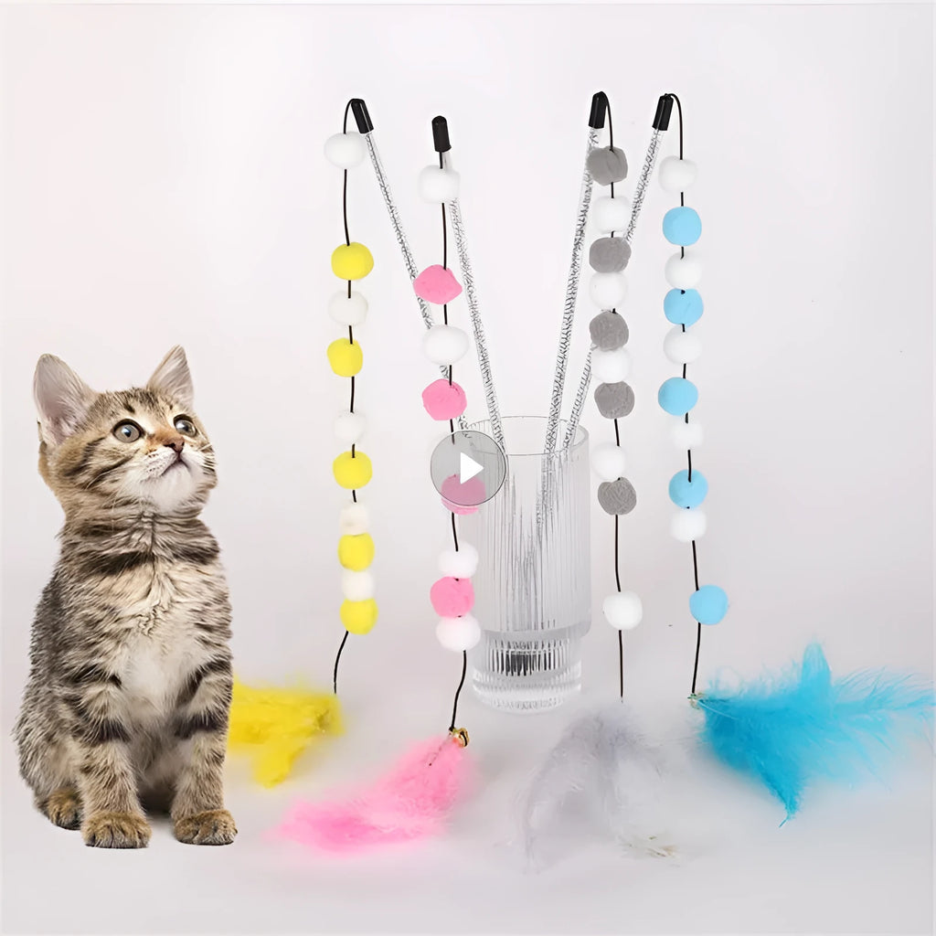 31cm cat teaser rod toy with bell and coloured feather attachments