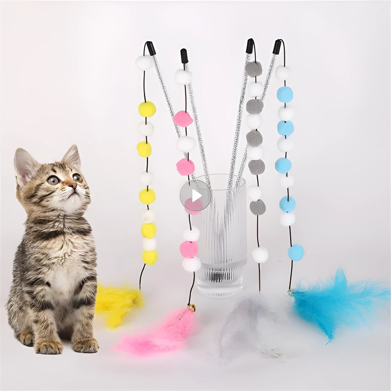 31cm cat teaser rod toy with bell and coloured feather attachments