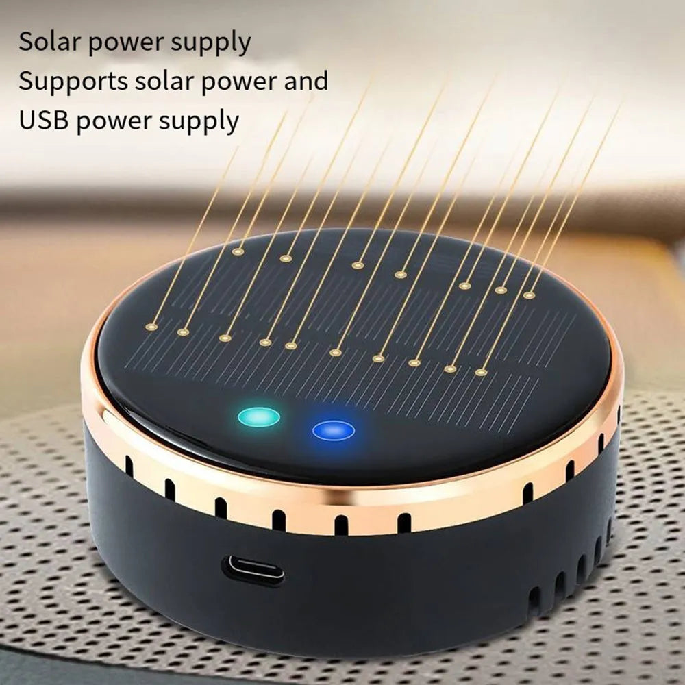 Solar-powered car air humidifier mounted on a vehicle vent in black, gold, or red.