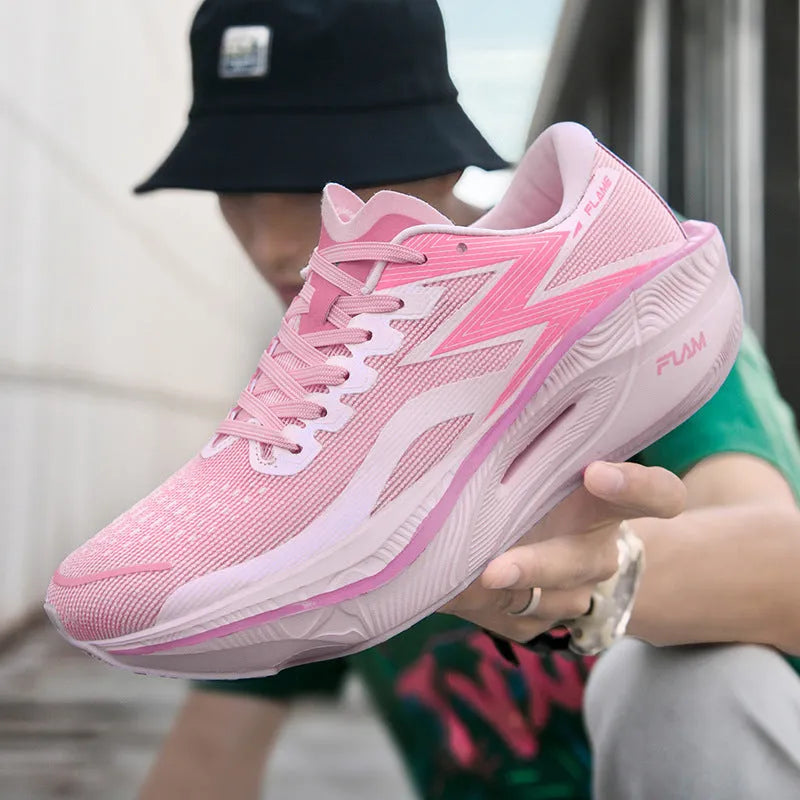 Marathon running shoes with carbon plate, mesh fabric upper, and platform heel in multiple colour options