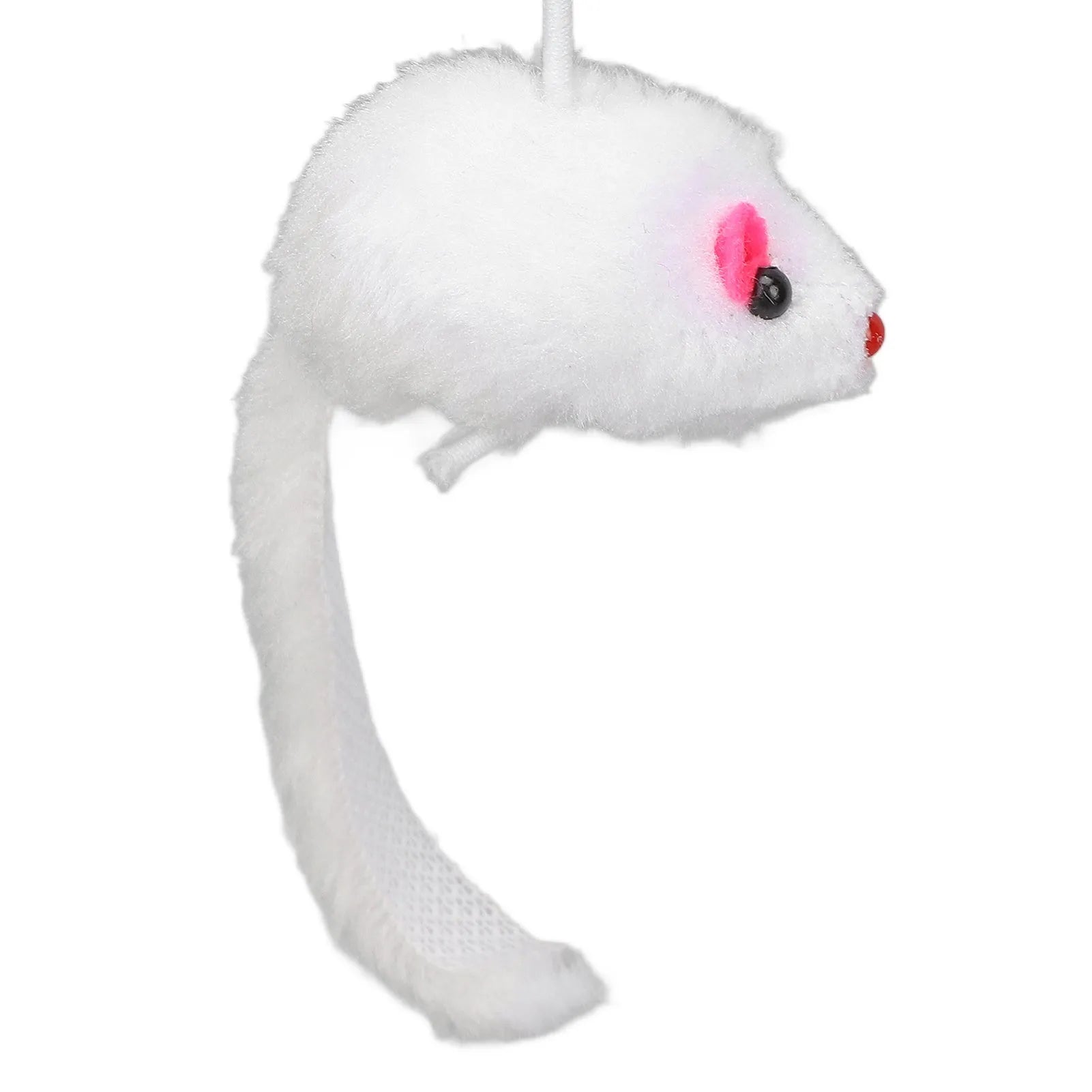 Blue and yellow cat toy with bell ball and treat dispenser plus plush mouse wand on white background
