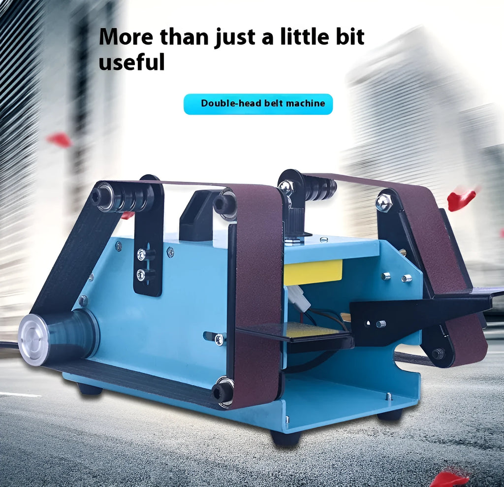 Blue desktop dual-axis belt sander with variable speed switch, shown on a workbench.