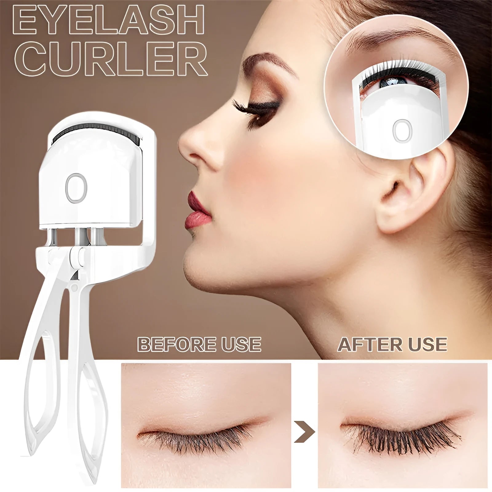 White USB rechargeable heated eyelash curler with a curved design and a small LED light.