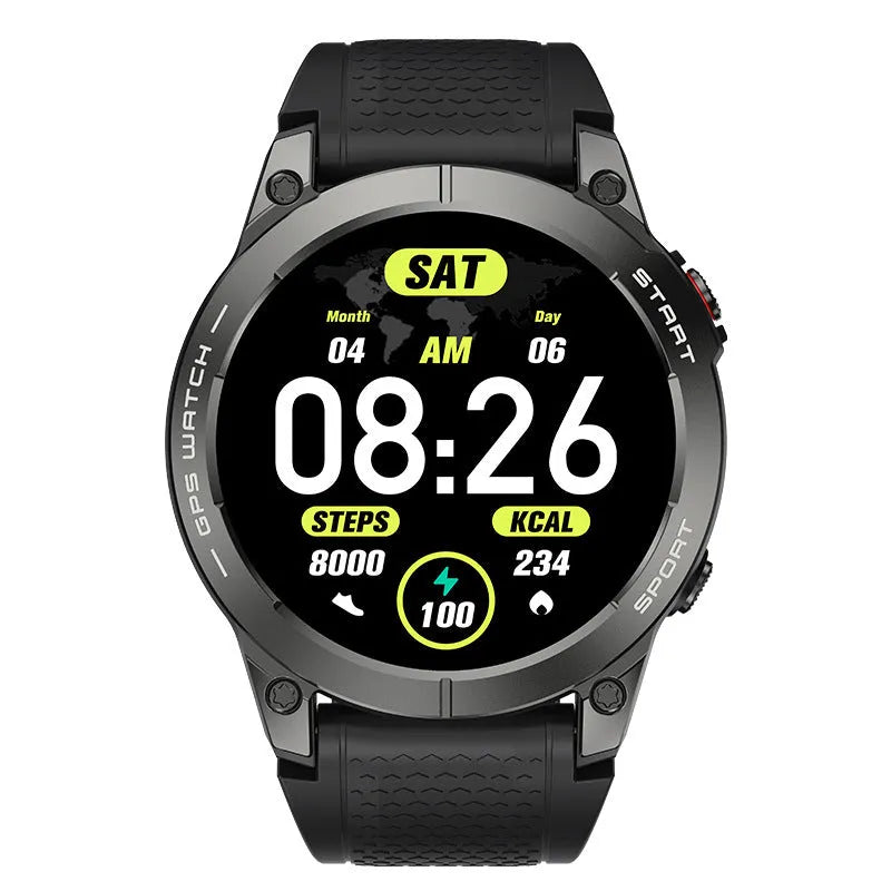 S53 Outdoor GPS Sports Call Smart Watch in black or orange with 1.43-inch IPS screen and silicone wristband