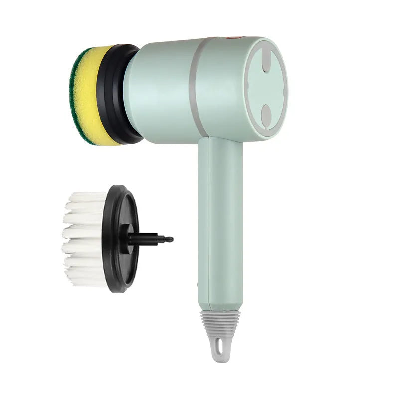 Green electric cleaning brush with three interchangeable scouring pad, brush, and sponge heads on a white background.