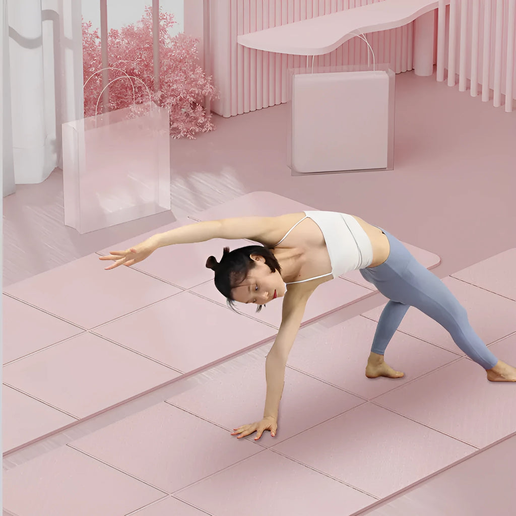Purple folding TPE gymnastic mat unfolded on a floor, showing its non-slip texture and six-fold creases.