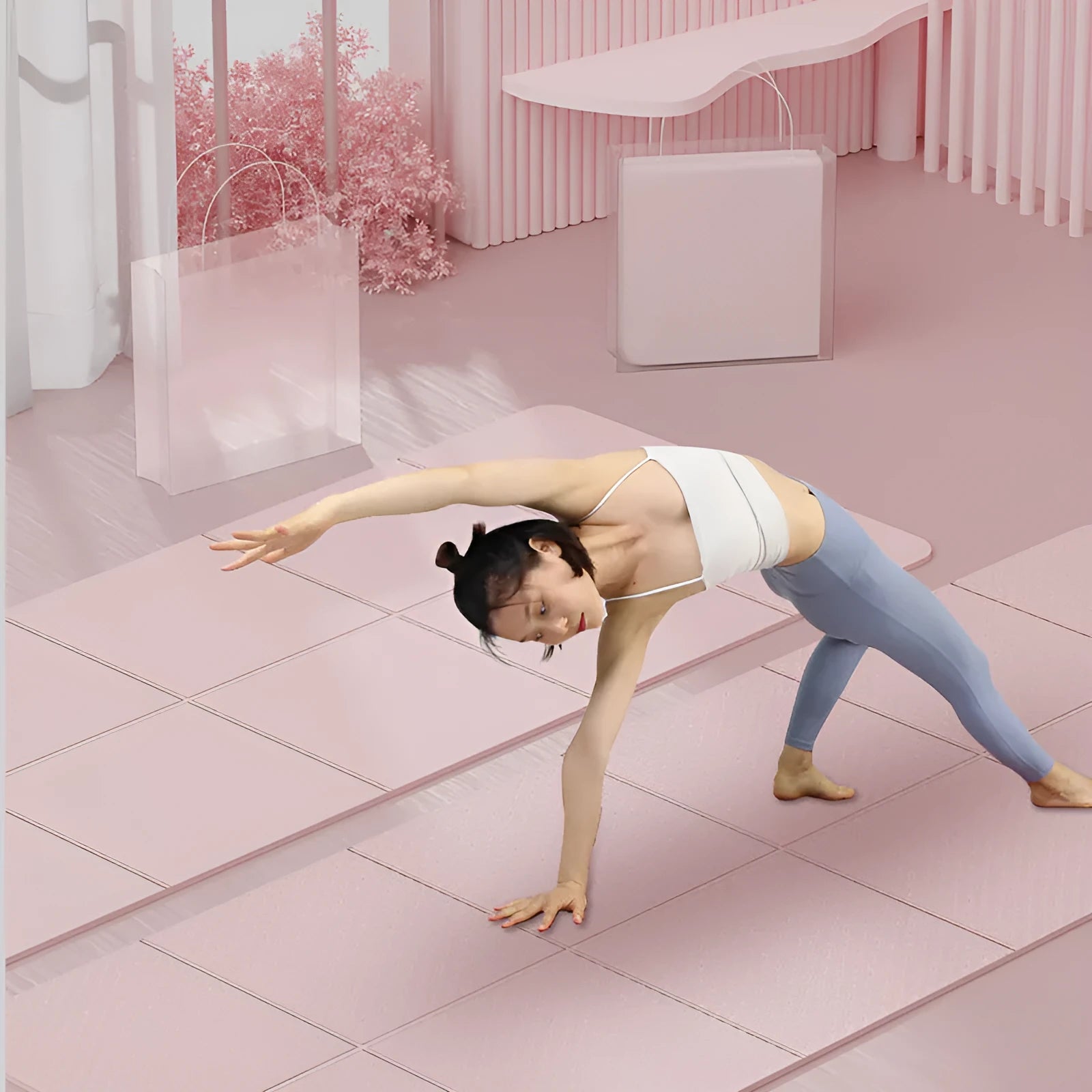 Purple folding TPE gymnastic mat unfolded on a floor, showing its non-slip texture and six-fold creases.