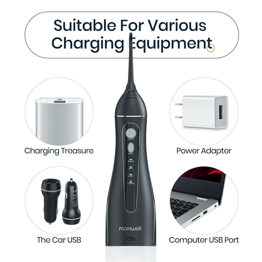 Black portable oral irrigator water flosser with water tank and nozzle for dental cleaning
