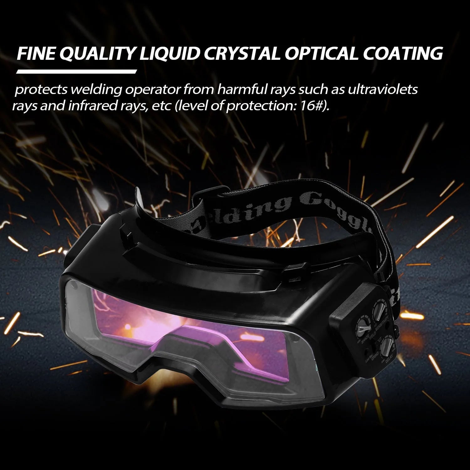 Black automatic darkening welding mask and glasses with a large rectangular viewing lens.