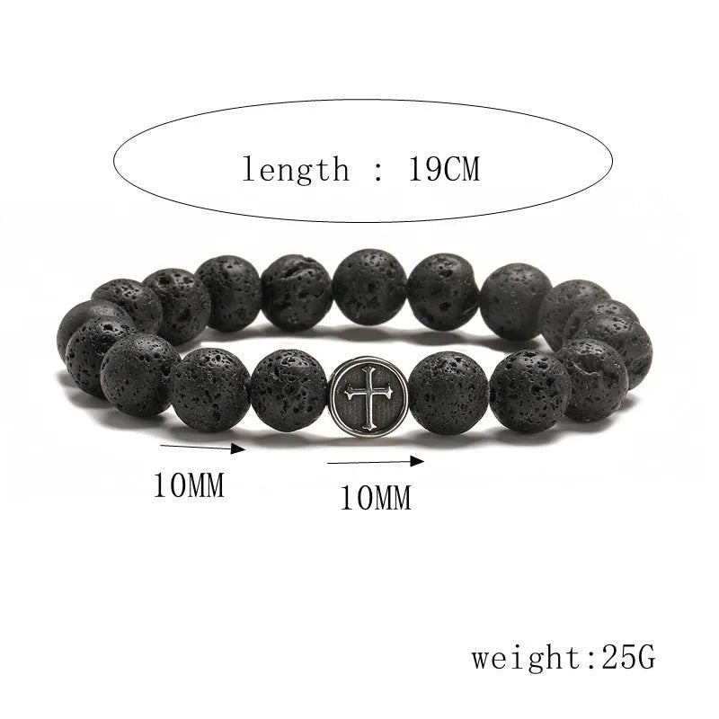 Geometric volcanic rock agate bracelet with 10mm beads and stainless steel finished band
