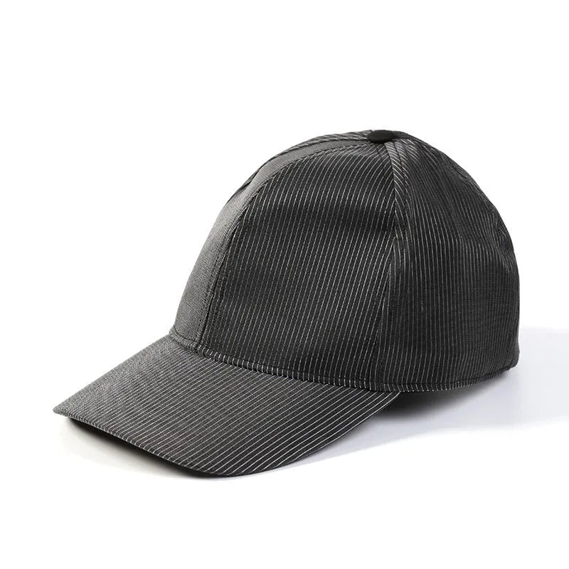 Luminous baseball cap with optical fiber fabric, dome crown, black colour, side view showing light glow