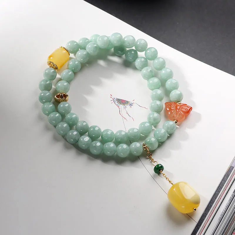 Double-layer women's bracelet with jade round beads and beeswax barrel beads in geometric retro design