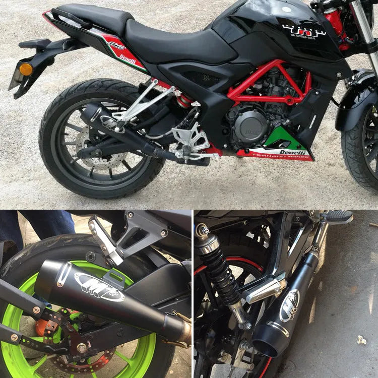 M4 universal motorcycle exhaust pipe in black, titanium, and blue finishes shown on a large displacement bike.