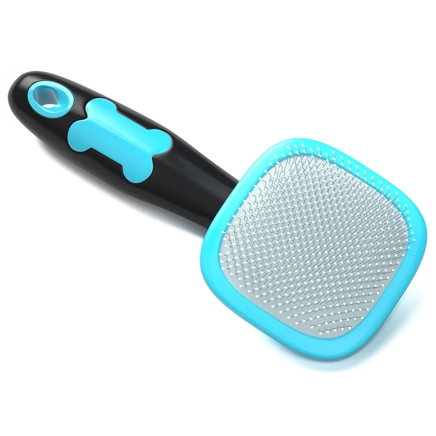 Blue large rectangular pet grooming brush with stainless steel bristles and rubber handle on white background