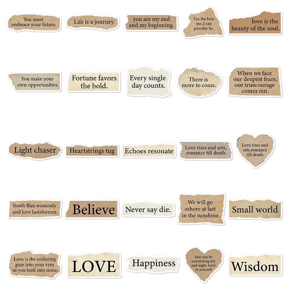 Pack of 25 torn English design decorative stickers for laptops and notebooks.